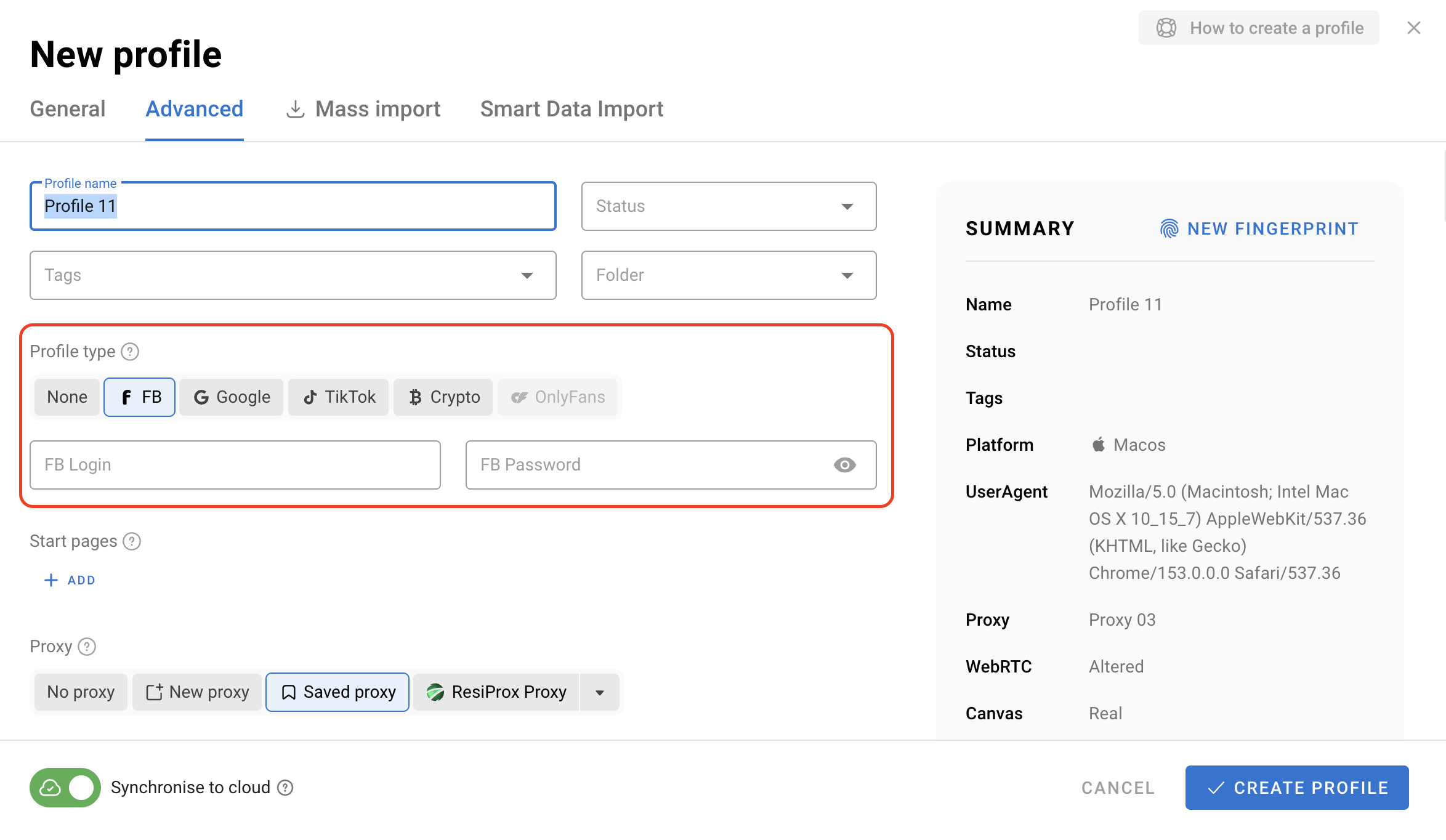 Choose a profile type for the platform you work with.