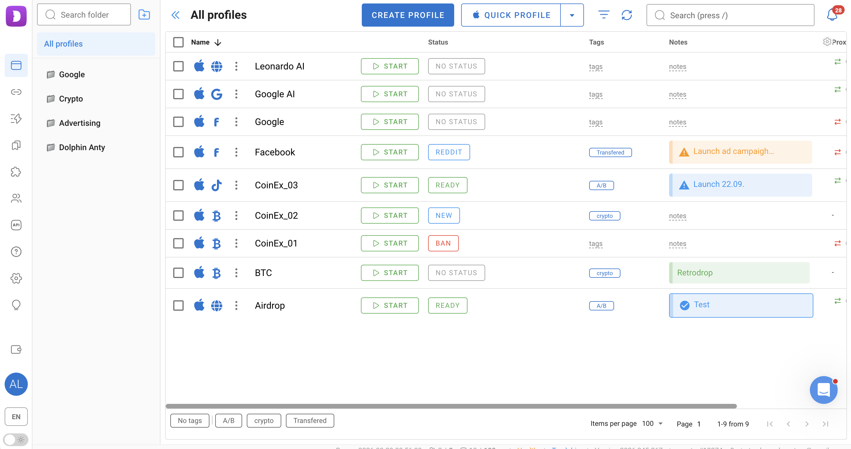Organize profiles with folders, tags, statuses and notes.