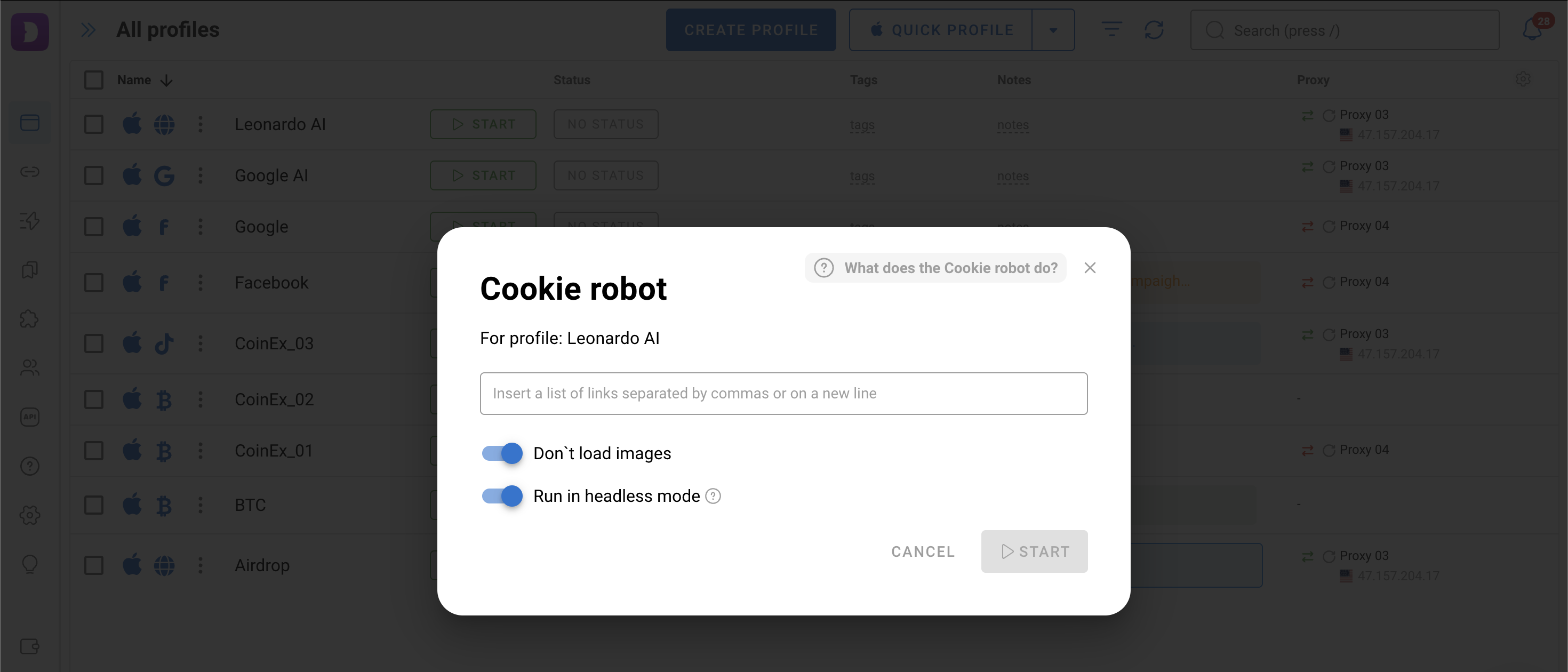 Configure Cookie Robot for a selected profile.