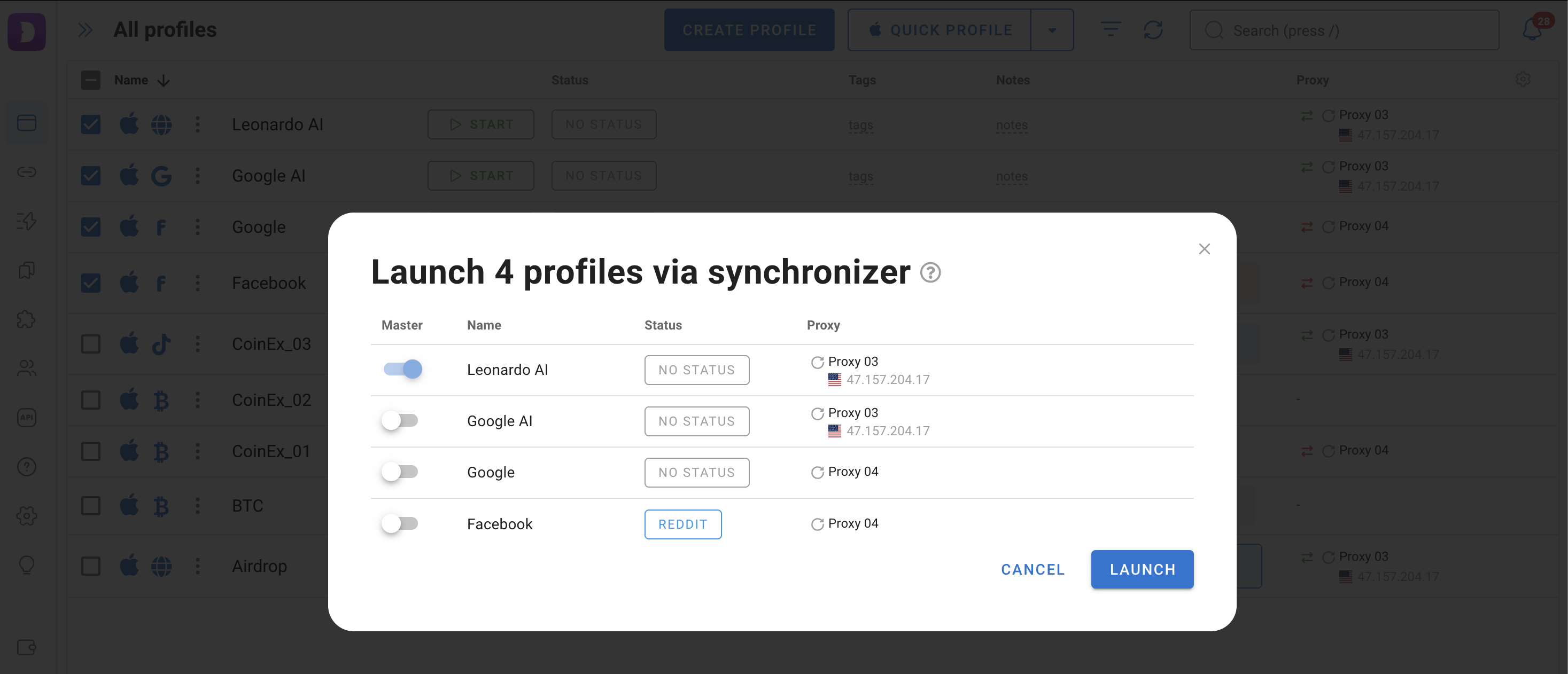 Select the main profile before launching the Synchronizer.