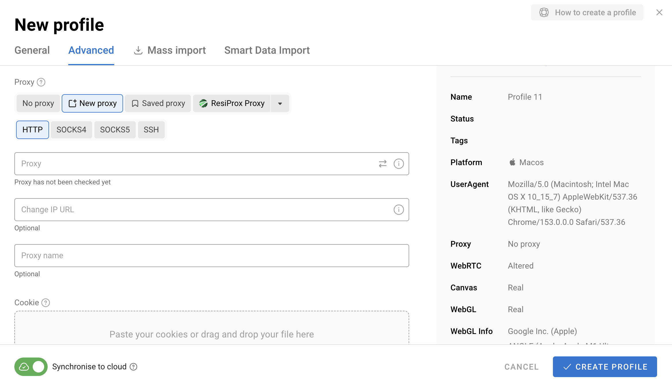 Add a proxy directly when creating a browser profile.