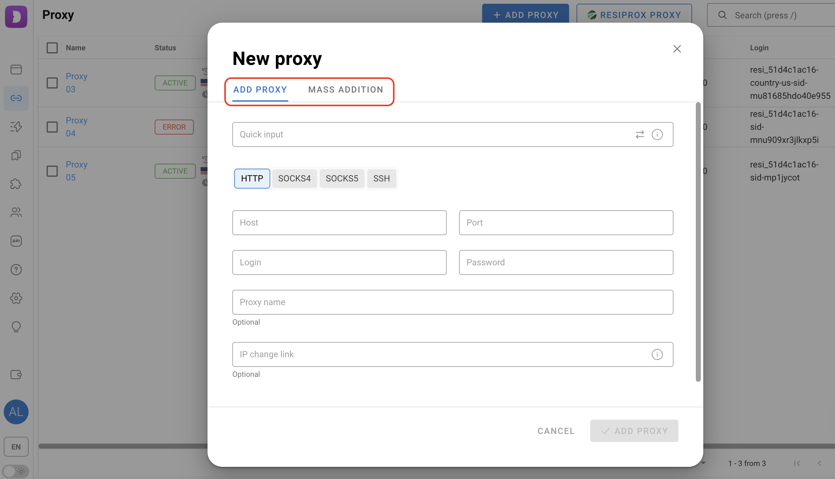 Add proxies individually or through mass addition.