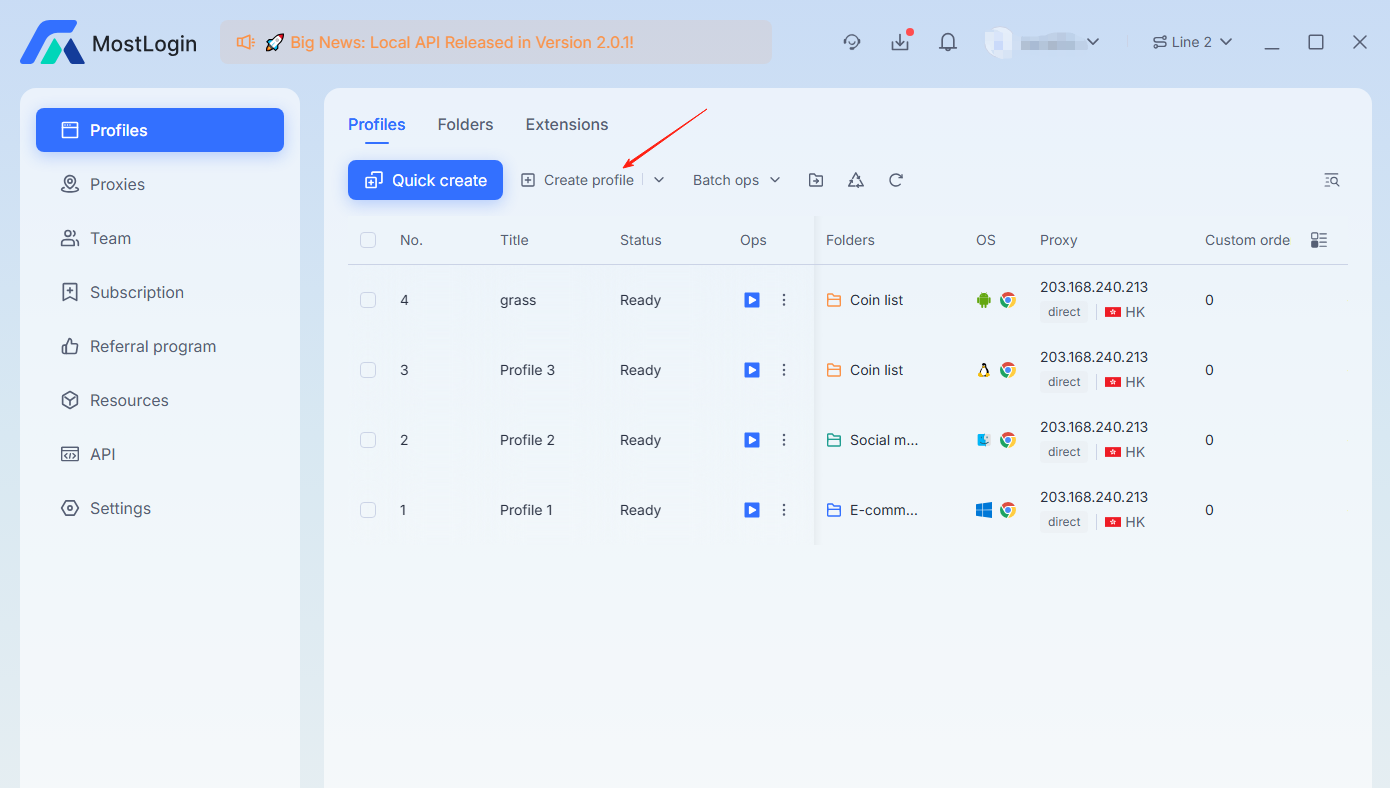 Create Profile in MostLogin