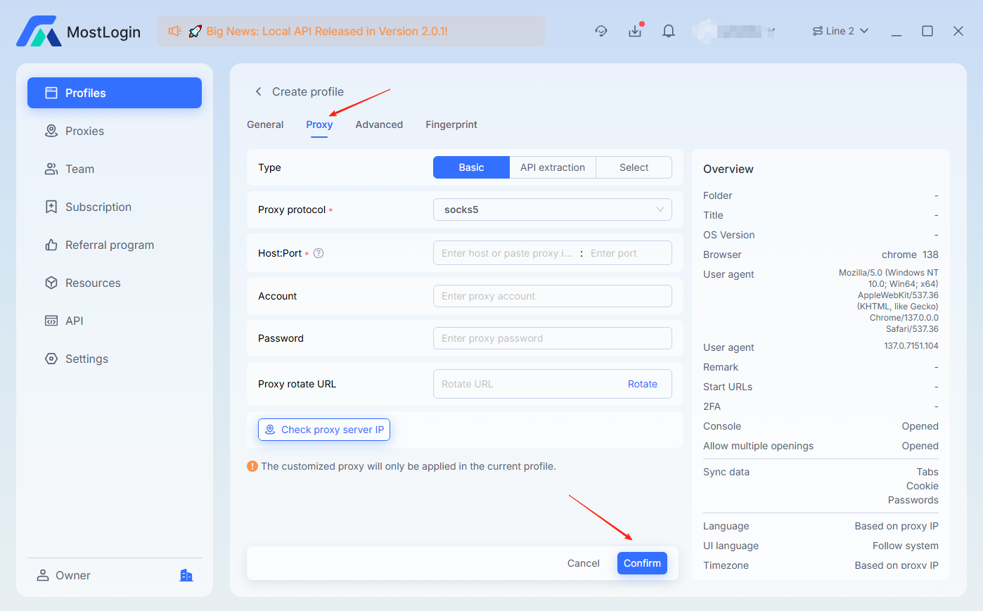 Set up Proxy in MostLogin